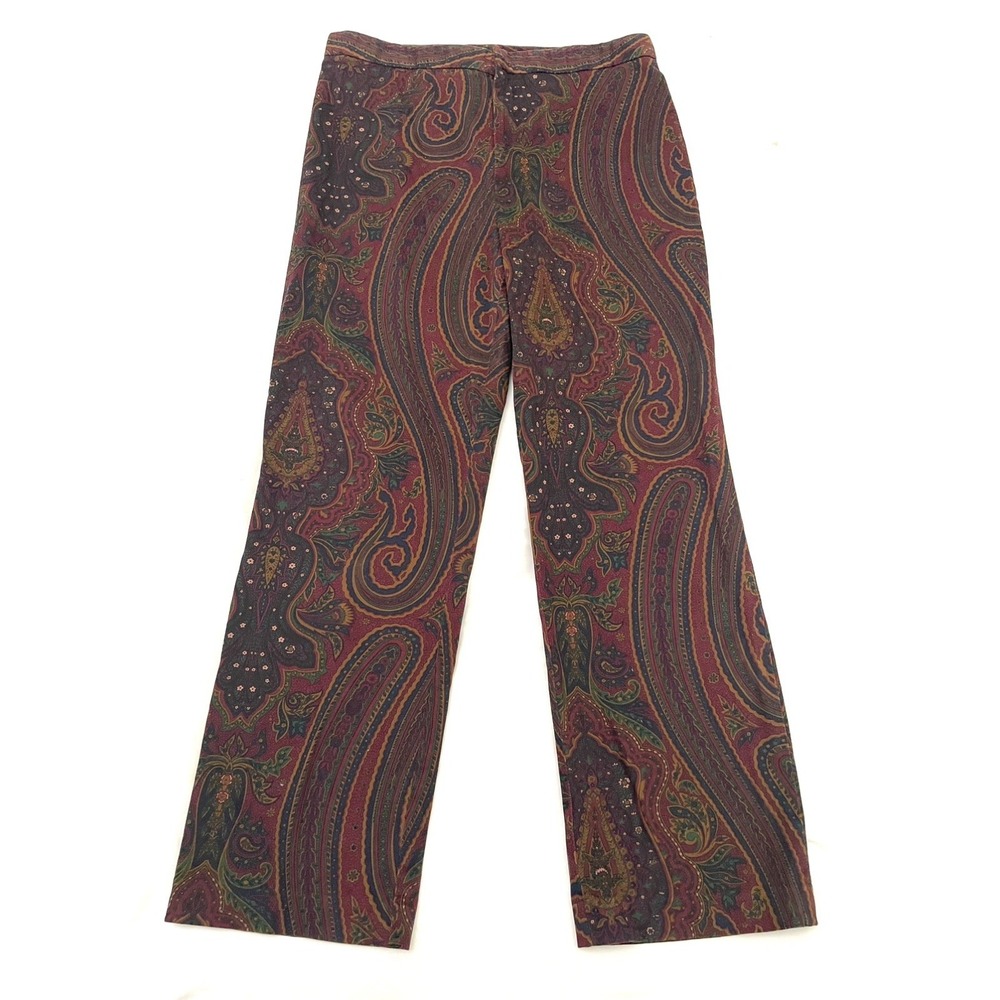 Lauren Ralph Lauren Paisley Velvet Pants 16 W Burgundy Wide Leg High Rise  Boho
